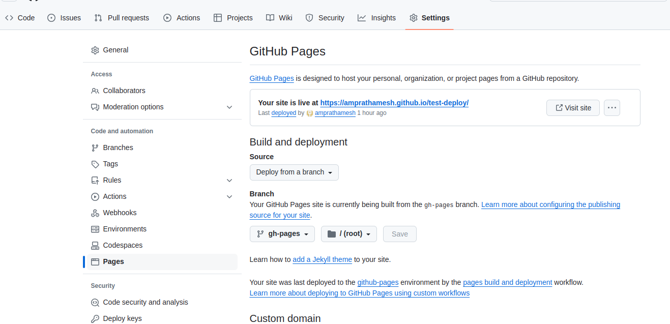 Github pages settings