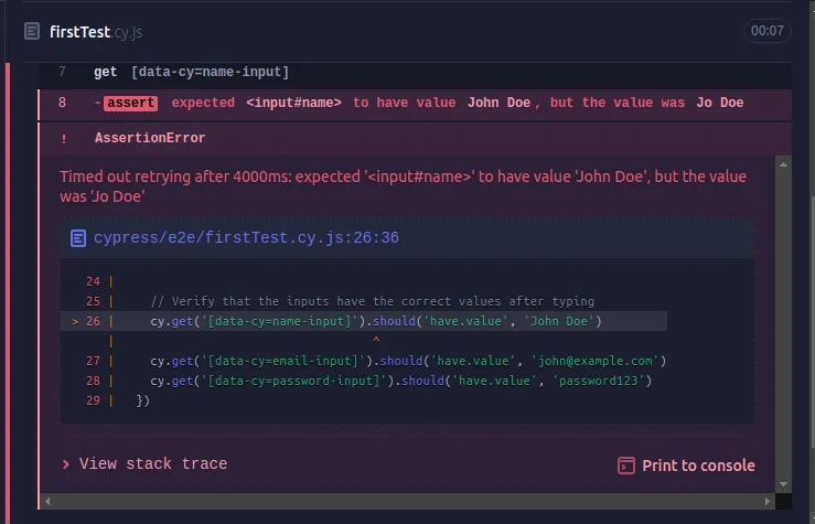 cypress test- detailed error information
