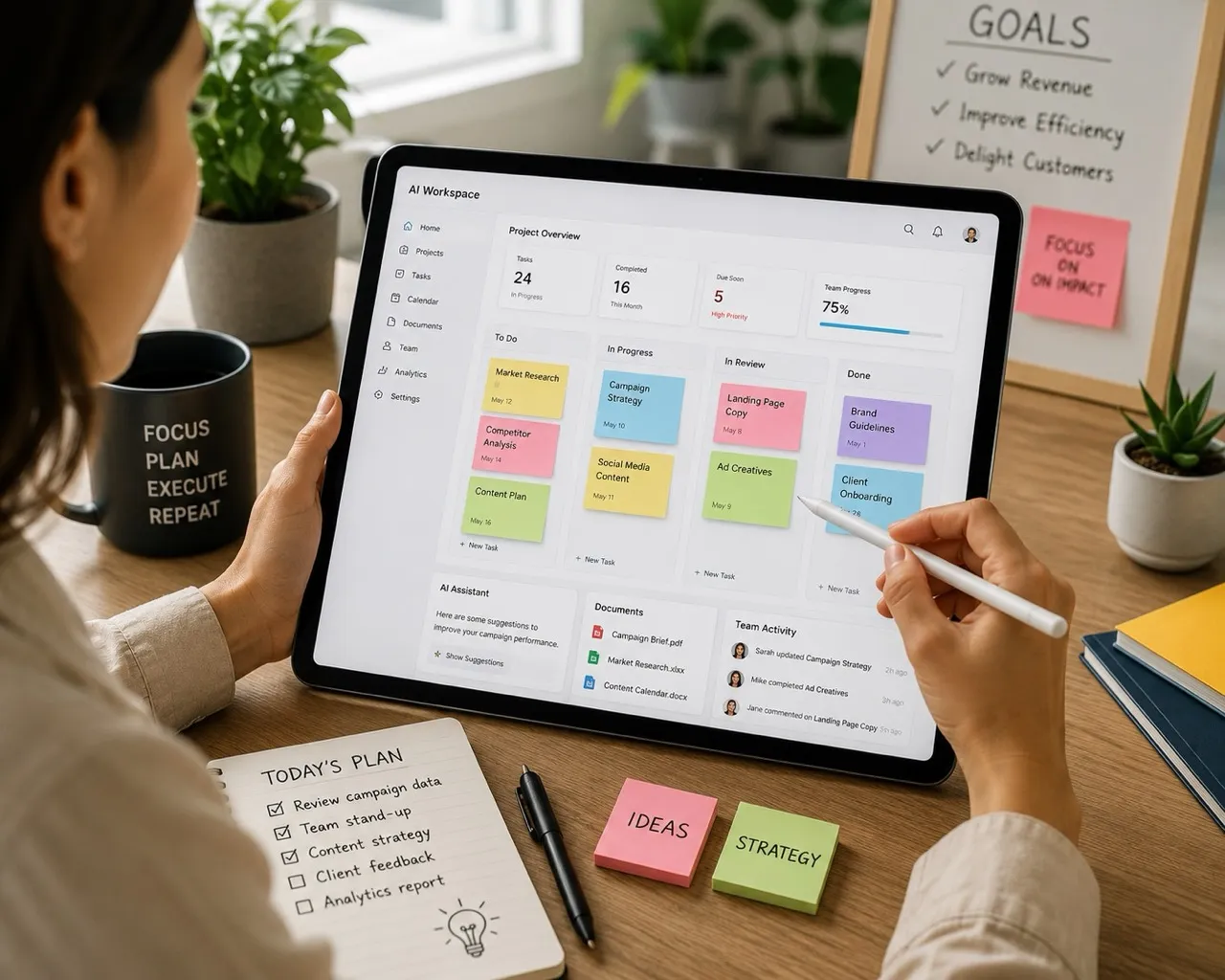 The image depicts a person organizing digital sticky notes and documents on a tablet screen within a bright and modern workspace, highlighting the use of AI tools for business productivity and project management. The vibrant environment suggests a focus on efficiency and collaboration, essential for managing tasks and customer engagement effectively.