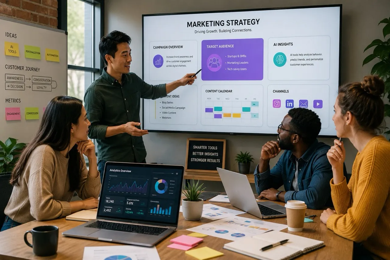 The image shows a creative marketing team actively brainstorming around a large screen displaying colorful content layouts, highlighting their collaboration on innovative strategies for business growth. They are likely discussing how to leverage modern AI tools and data analysis to enhance customer engagement and streamline project management.