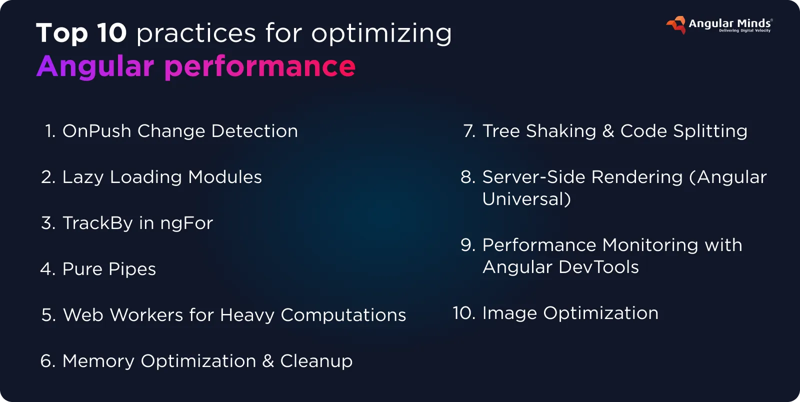 Top 10 practices for optimizing Angular performance.