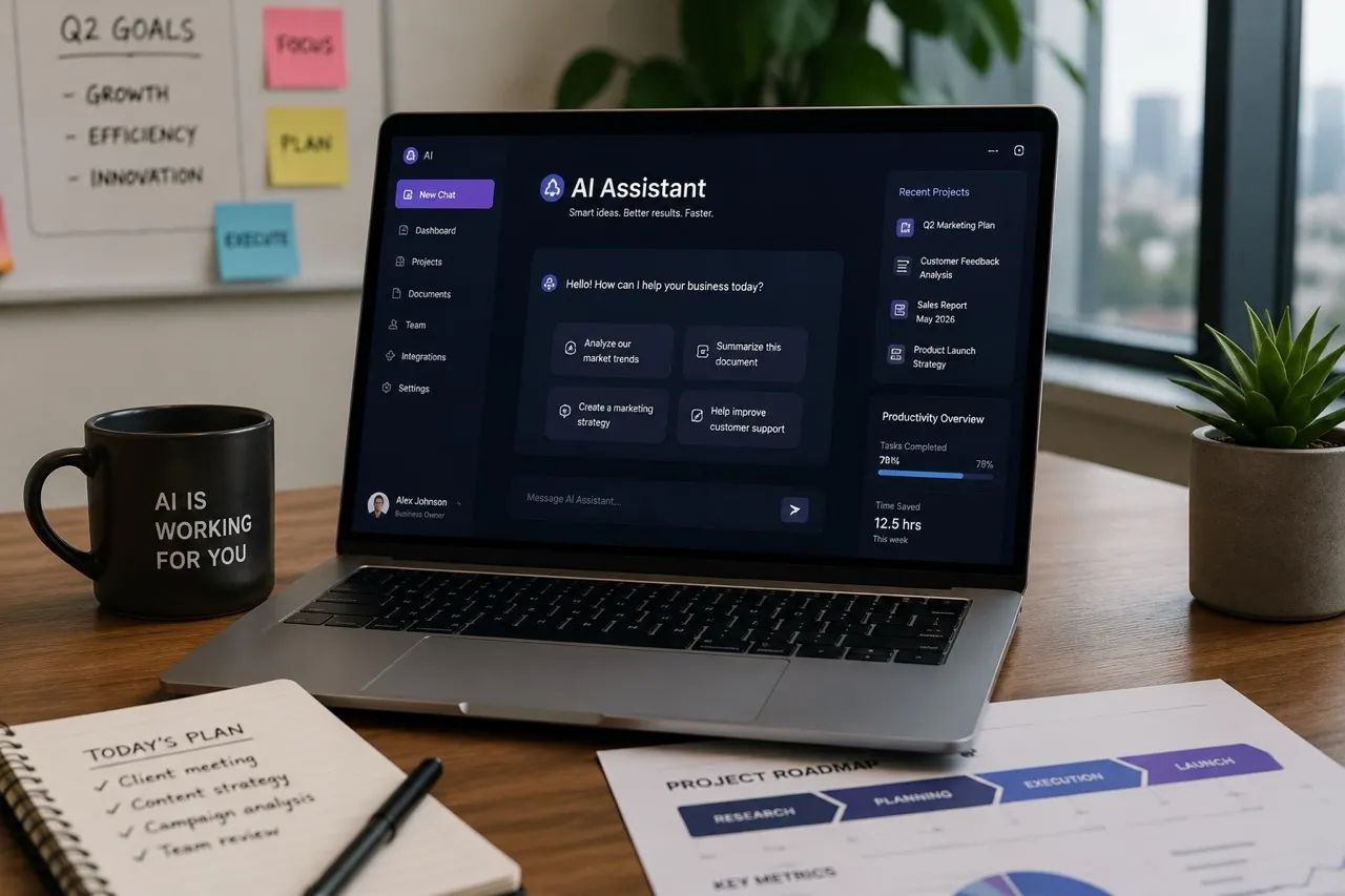 The image depicts a modern office workspace featuring a laptop displaying an AI chat interface, surrounded by a coffee cup, highlighting the integration of AI tools for business productivity and efficient project management. This setup exemplifies the use of advanced AI platforms to streamline workflows and enhance customer engagement.